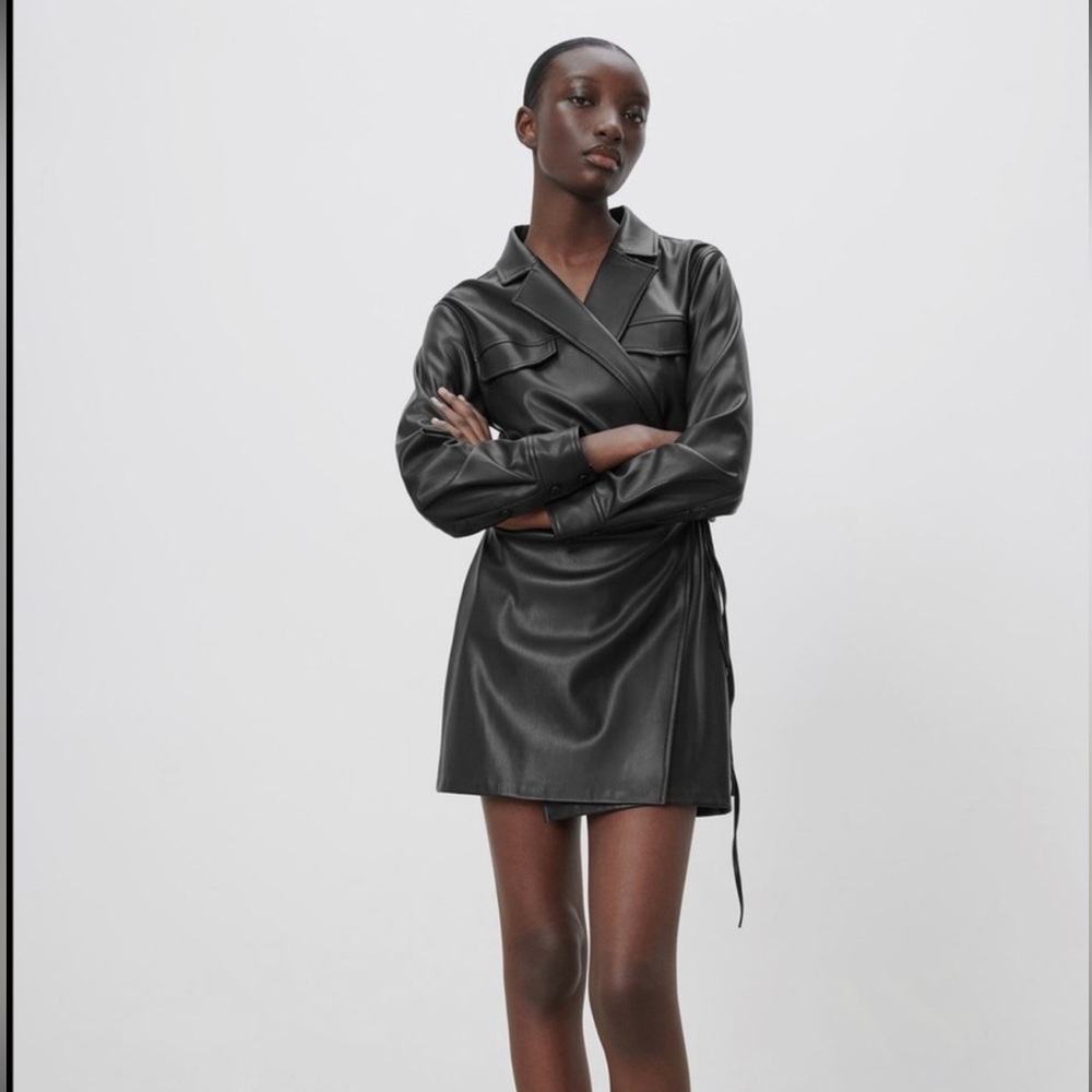 Zara Black Faux-Leather Wrap Mini Dress